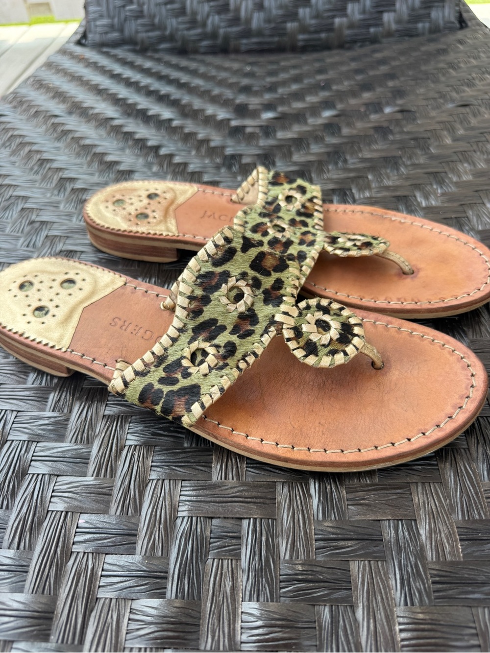 Jack Rogers Original Jacks Haircalf Sandal Green Leopard Print Size 39 (8.5-9)